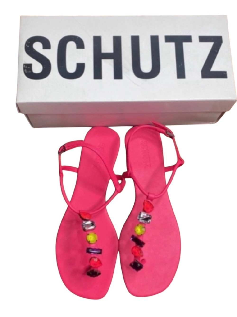 New Full Set Schutz Eryl Women Leather Neon Pink Jewel Flat Sandals 8B